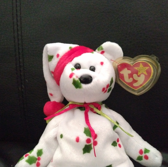 RARE, TY Beanie Baby 1998 Holiday Teddy Bear Holly Berries on White - Picture 9 of 11